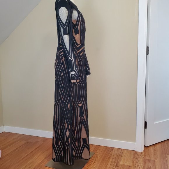 BCBGMAXAZIRA VEIRA DRESS geometric Illusion Boho Maxi Dress Sz 10 black/Nude - Picture 4 of 12